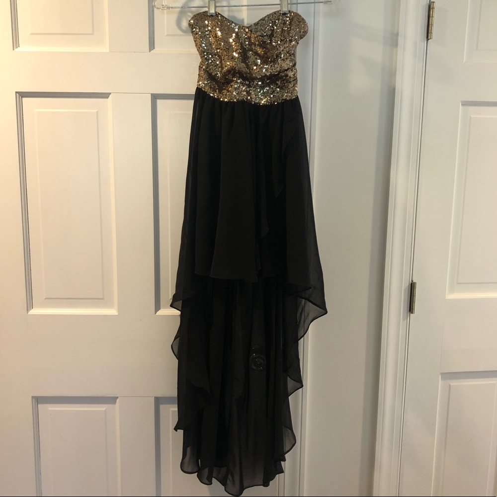 Black and Gold high-low strapless chiffon dress
